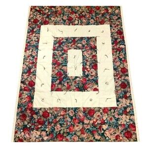 Hand Made Hand Tied Patchwork Lap Sofa Chair Quilt Roses Floral Unused 38" x 54"